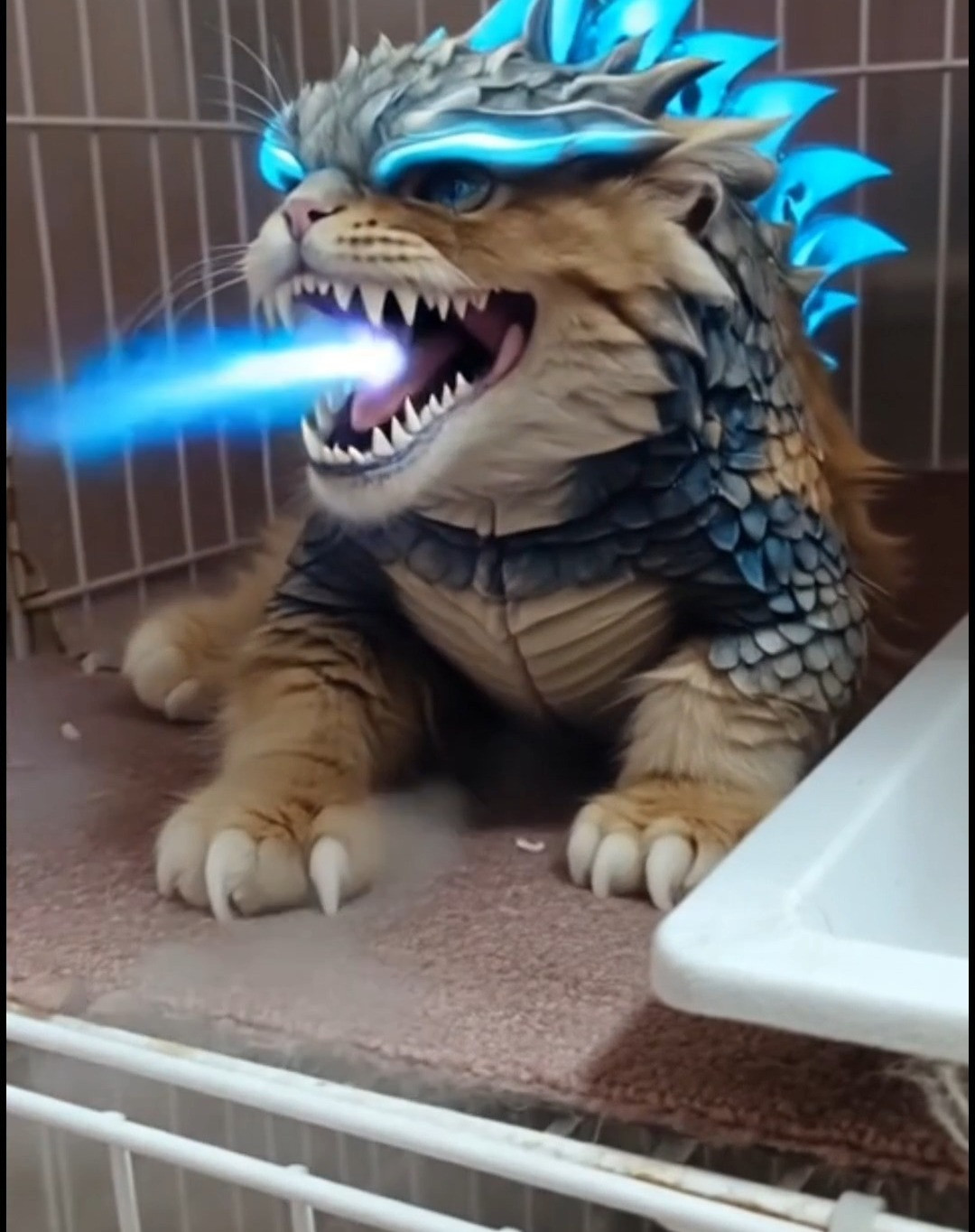 我が家の仔猫ちゃん「ゴジラ君」に変身致しました。